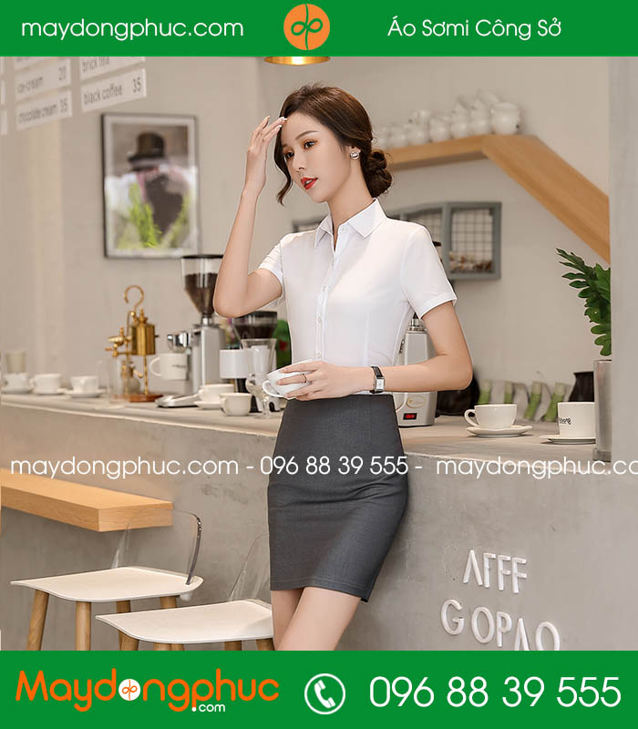 Đồng phục áo sơ mi màu trắng cộc tay váy ghi đậm